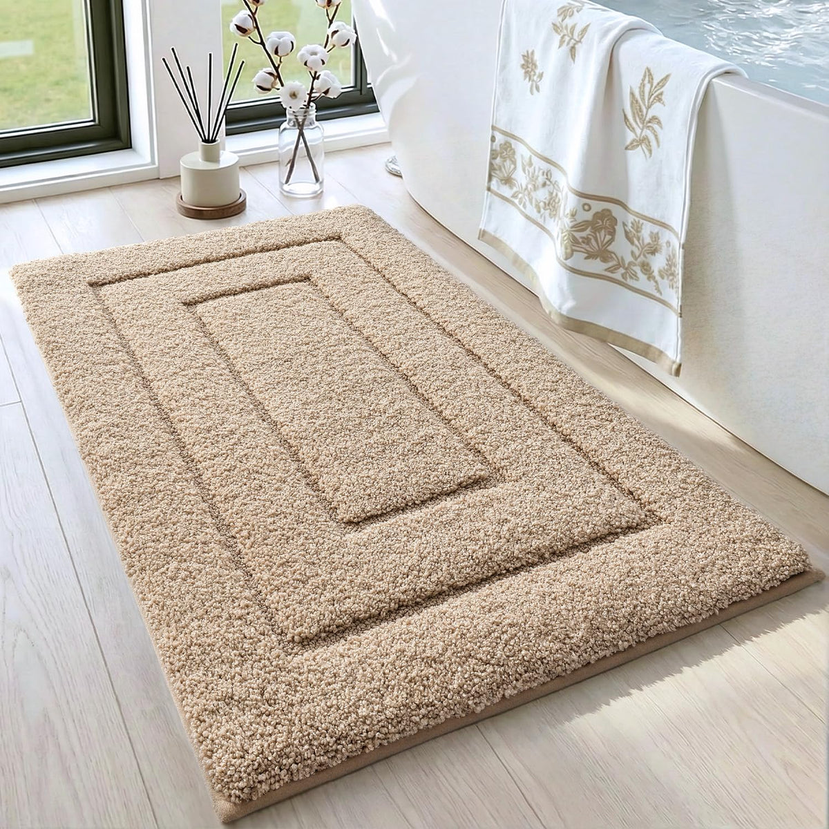 DEXI bathroom rug 32x20 with non-slip backing stays secure on wet floors.