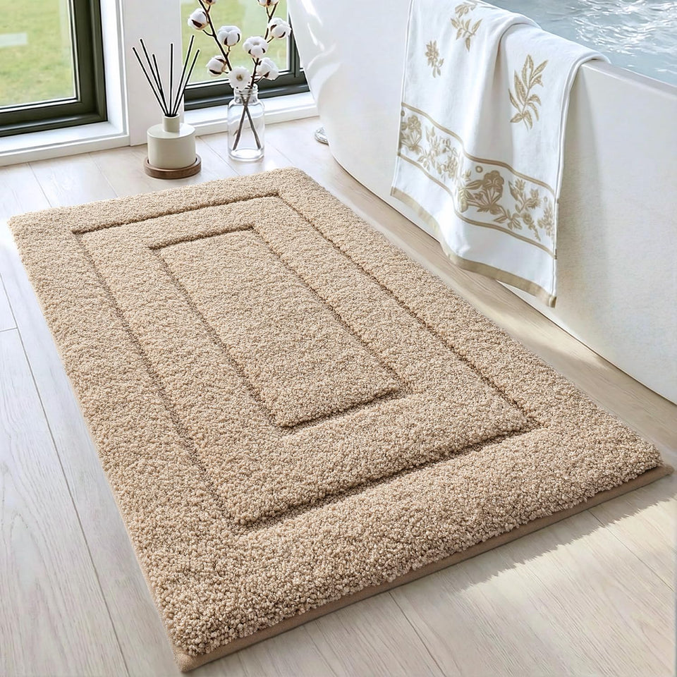 DEXI bathroom rug 32x20 with non-slip backing stays secure on wet floors.