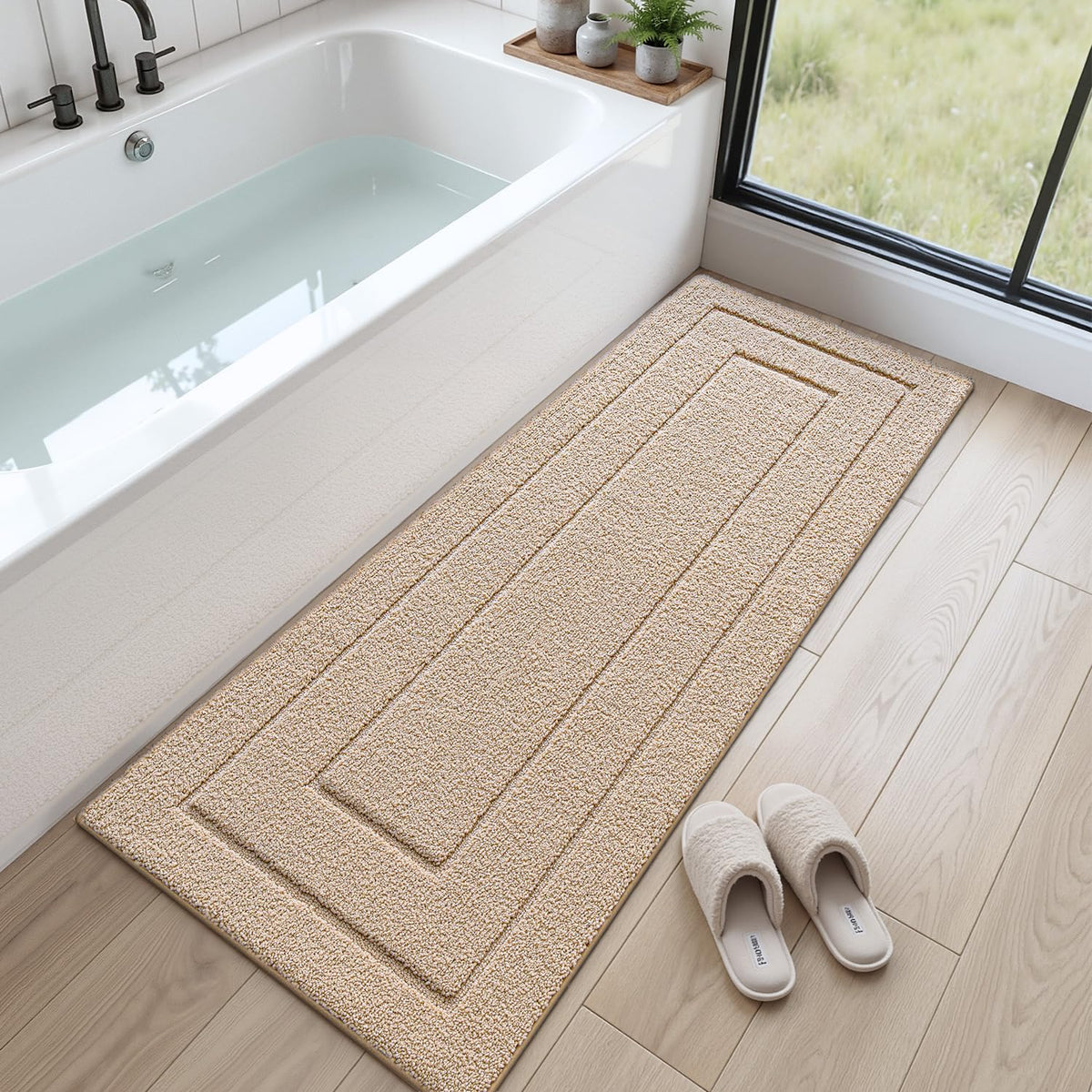 DEXI beige rug enhances bathroom decor while offering practical comfort