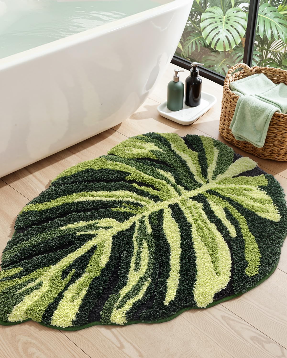 DEXI leaf bath rug with green pattern brightens your bathroom decor