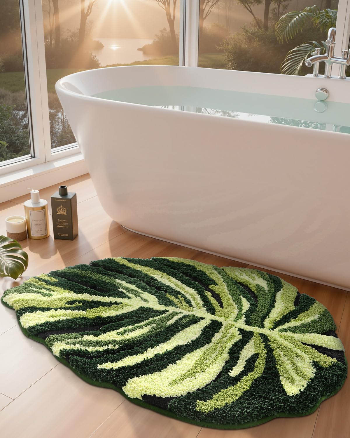 DEXI leaf bath rug's soft microfiber provides cozy steps and longevity