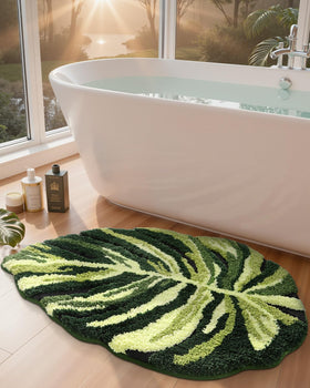 DEXI leaf bath rug's soft microfiber provides cozy steps and longevity