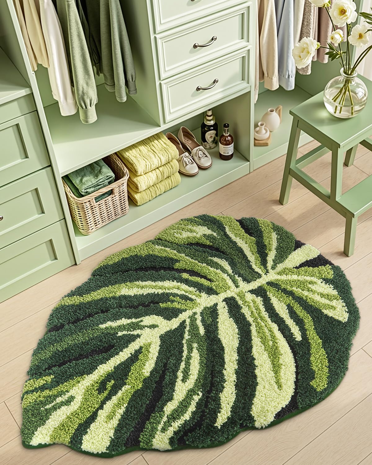 DEXI leaf bath rug is machine washable for easy care and lasting color