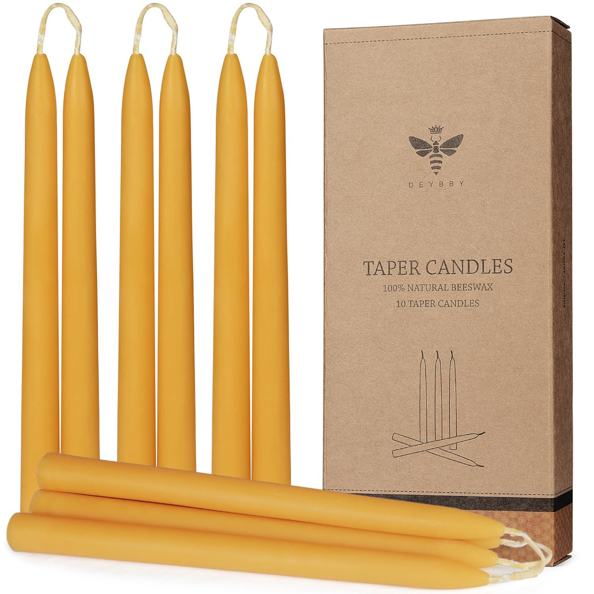 DEYBBY beeswax taper 10in pack 12 for warm ambient lighting at events.