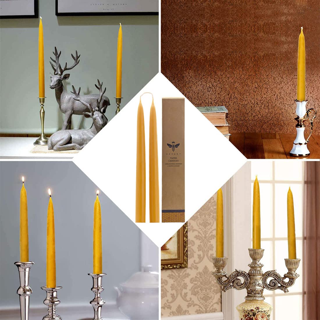 DEYBBY dripless beeswax taper burning safely on tabletops.