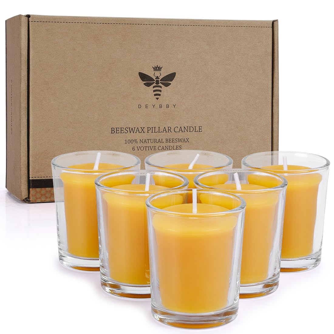 DEYBBY pure beeswax votive candle in a glass jar for long, clean-burning ambience.