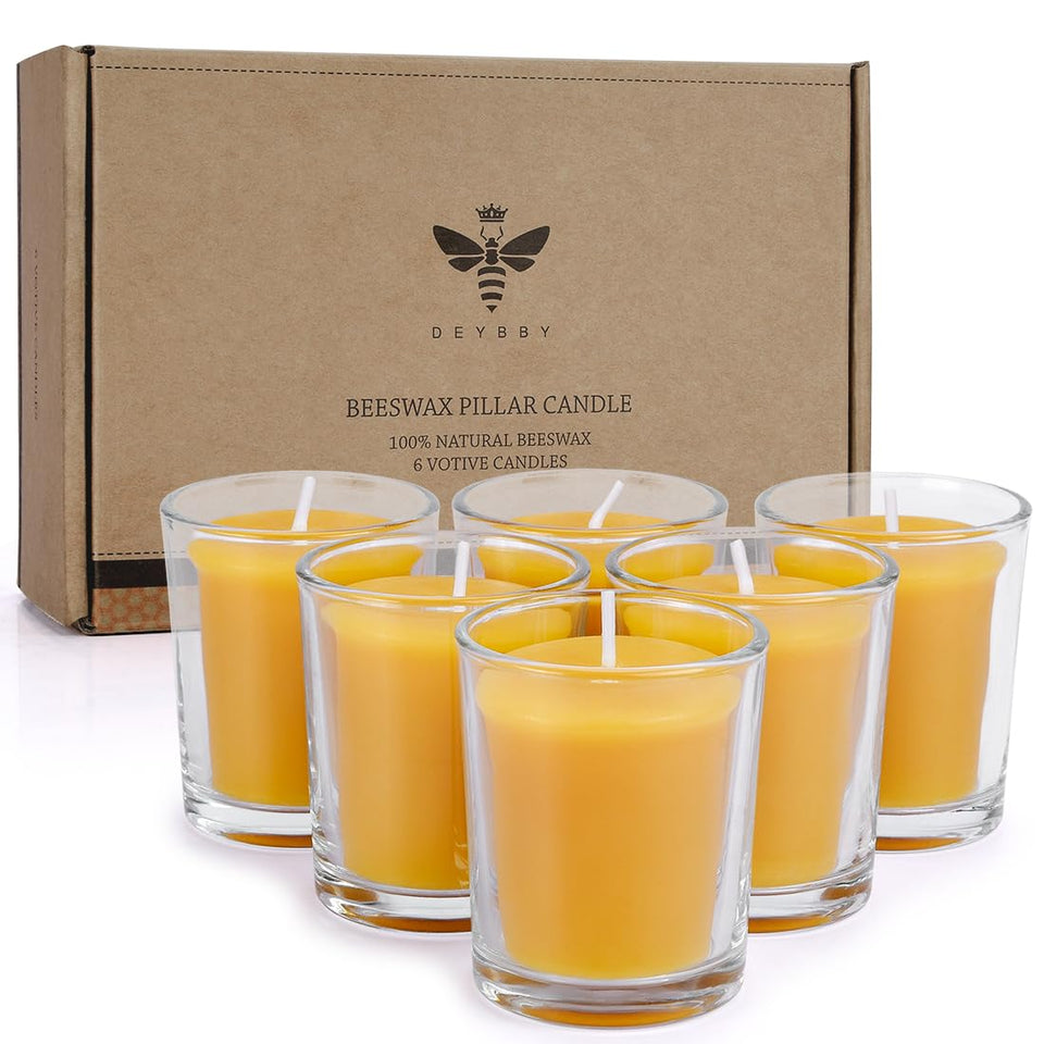 DEYBBY pure beeswax votive candle in a glass jar for long, clean-burning ambience.