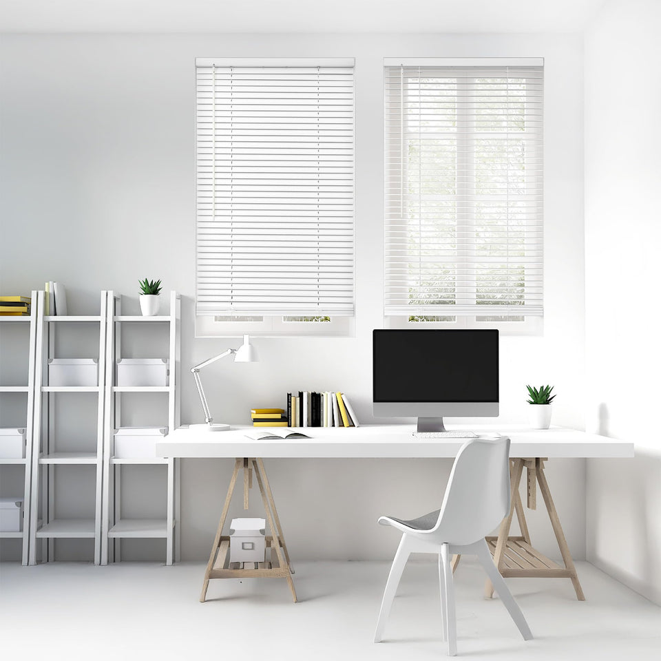 DEZ FURNISHINGS cordless mini blind close-up slats show durable, flexible material.