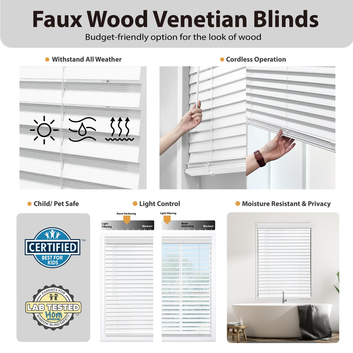 DEZ FURNISHINGS cordless faux wood blind with crown valance enhances room style.