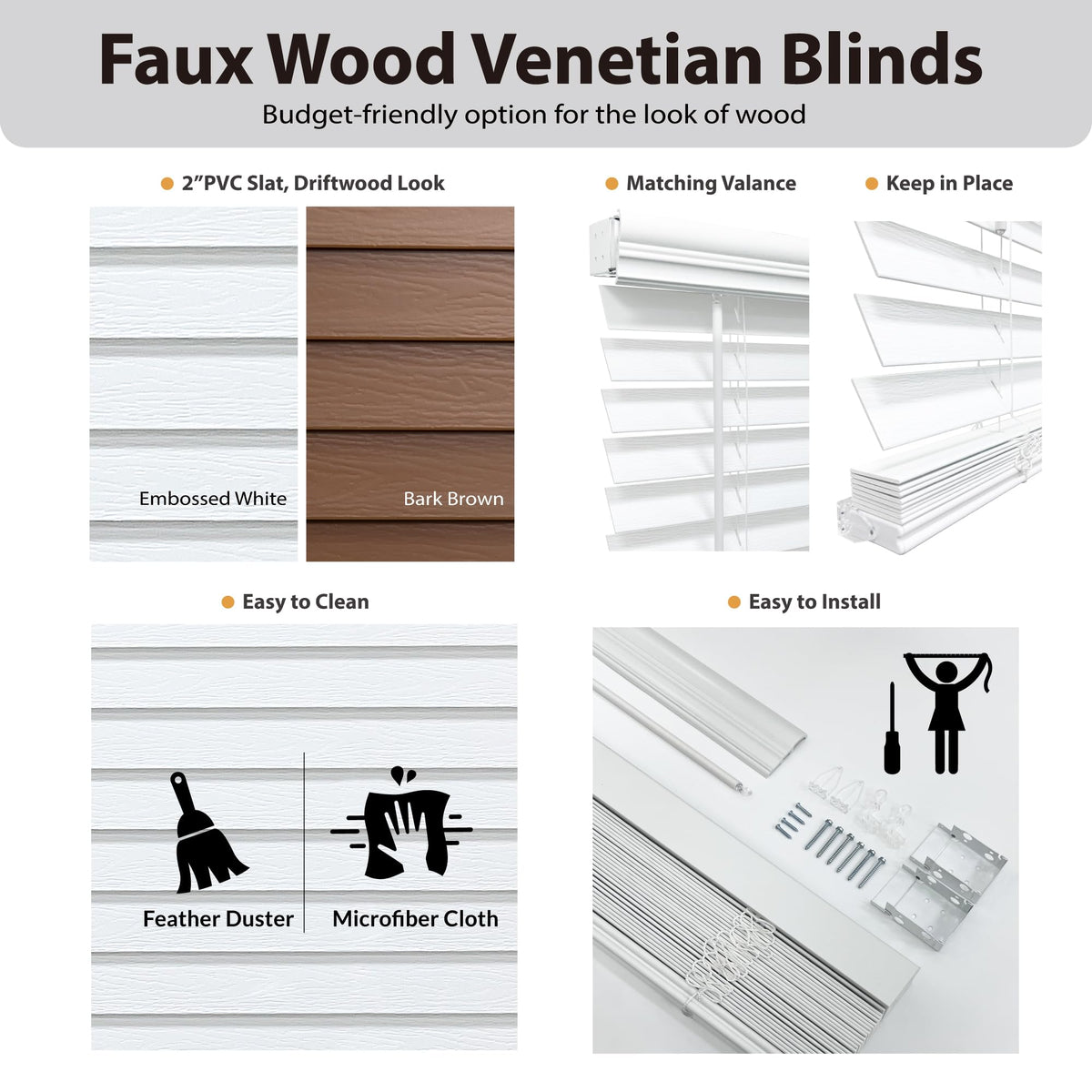 DEZ FURNISHINGS moisture-resistant faux wood blind ideal for kitchens and bathrooms.