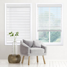 DEZ FURNISHINGS cordless 2-inch faux wood blind with wood grain for timeless privacy.