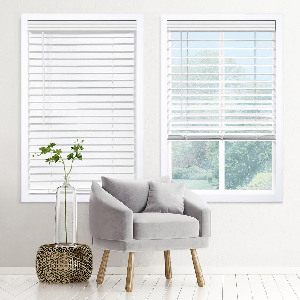 DEZ FURNISHINGS cordless 2-inch faux wood blind with wood grain for timeless privacy.