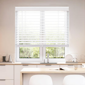 DEZ Furnishings cordless 2inch faux wood blind in white shows adjustable light control.