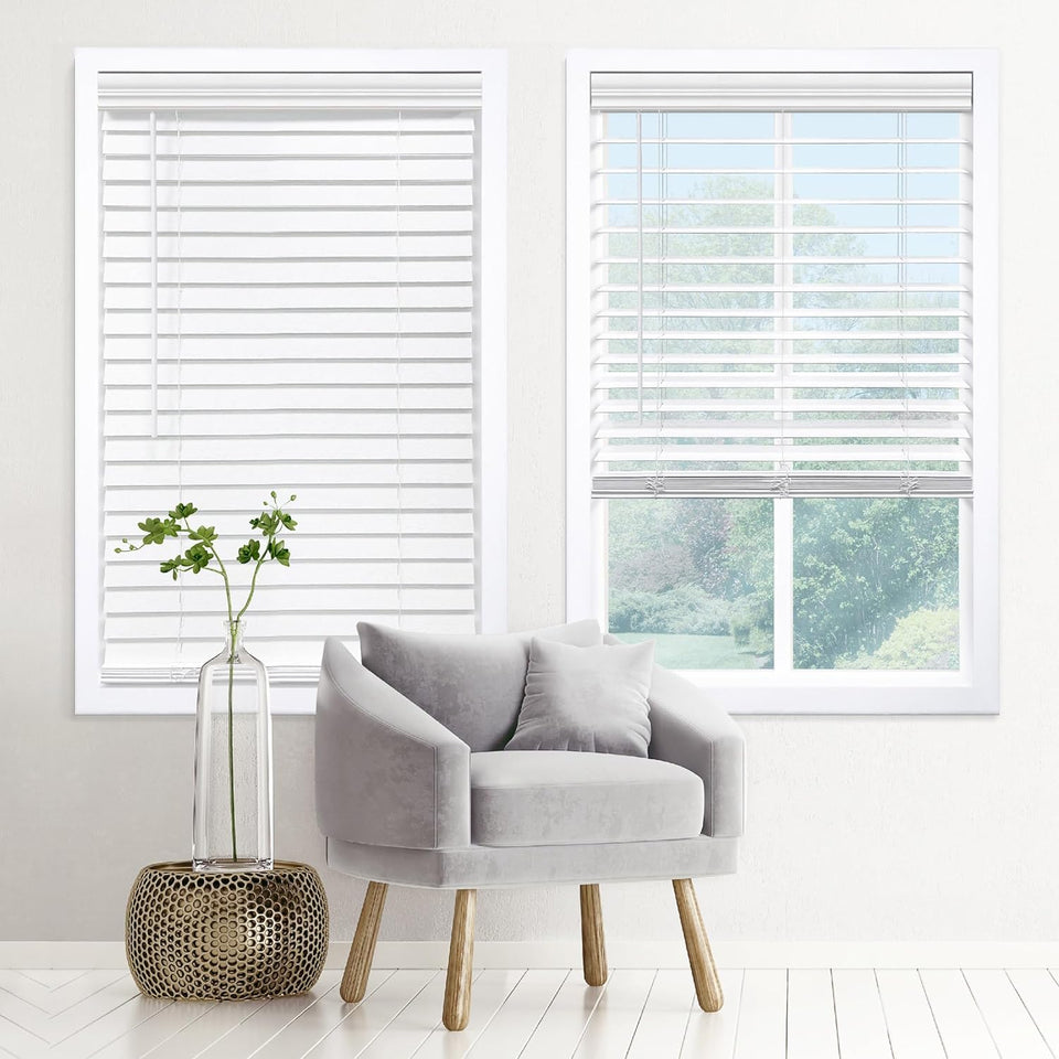 DEZ FURNISHINGS cordless faux wood blind closed for privacy and light control.