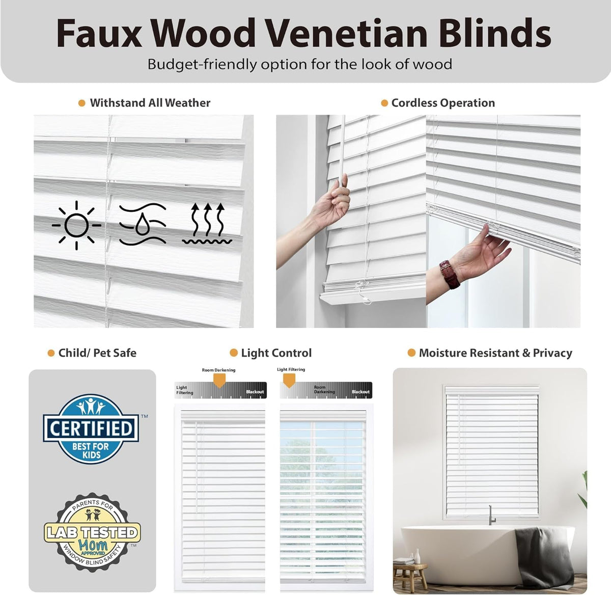 DEZ FURNISHINGS cordless faux wood blind tilt shows wood grain texture.