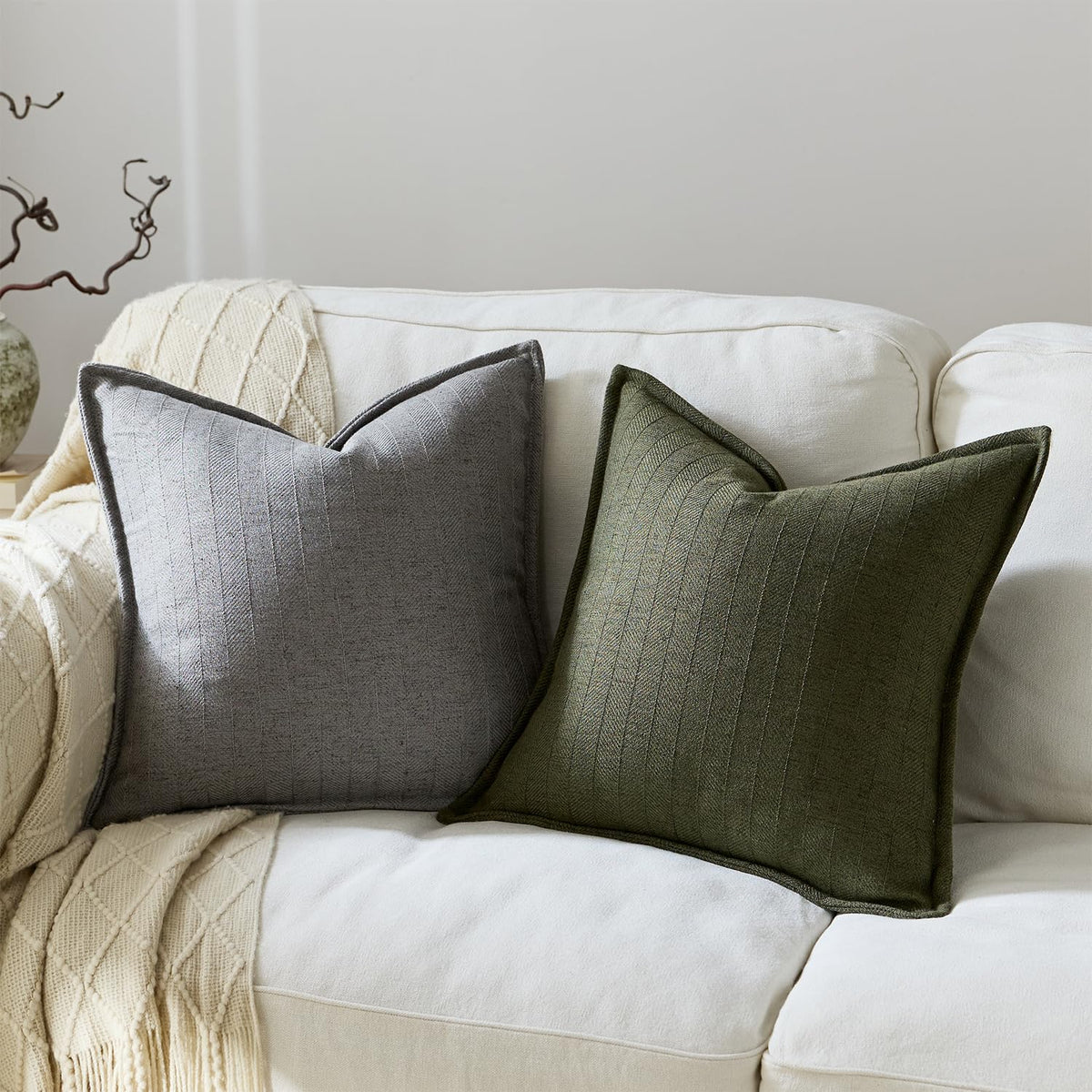 DEZENE olive green linen pillow cover flange detail adds structured finish