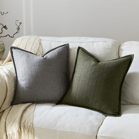 DEZENE olive green linen pillow cover flange detail adds structured finish