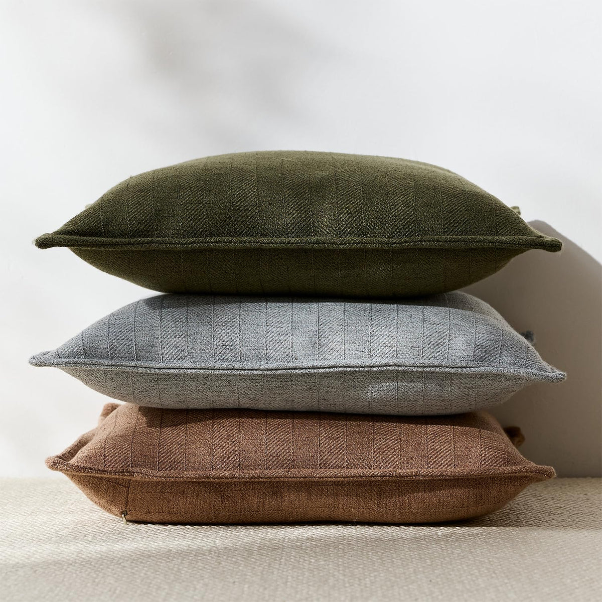 DEZENE olive green linen pillow cover living room scene with neutral tones