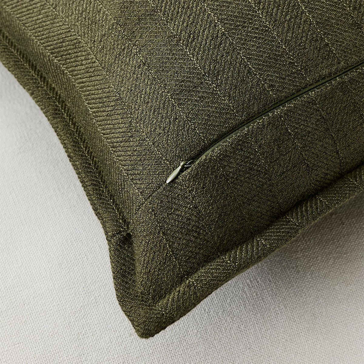 DEZENE olive green linen pillow cover close-up texture shows natural weave