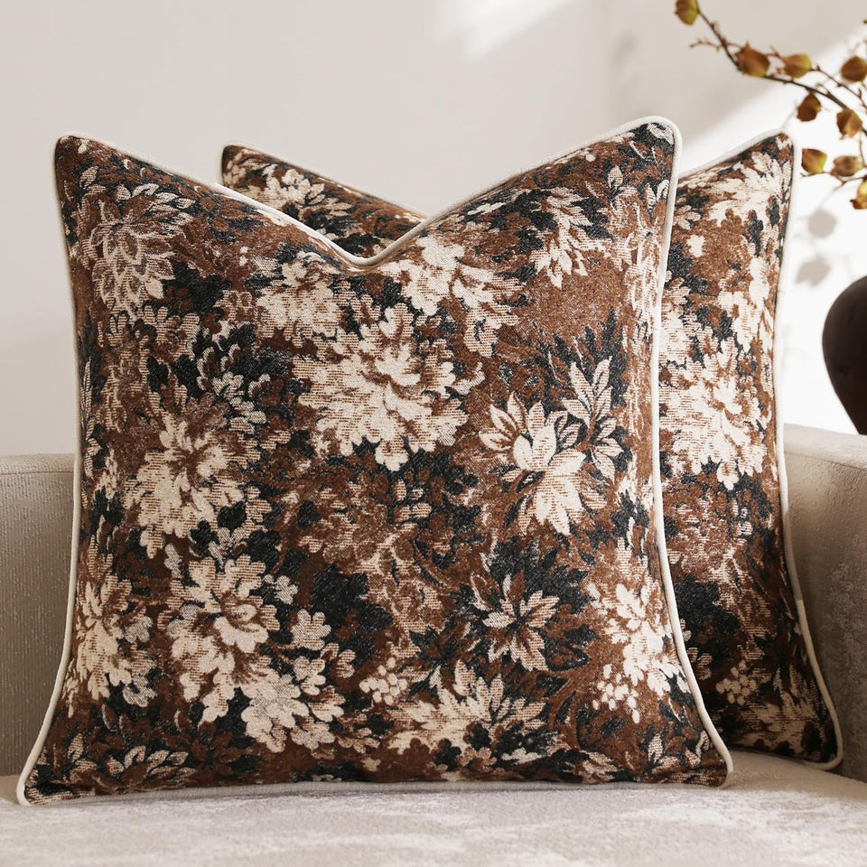 DEZENE vintage floral pillow cover close-up texture showing soft chenille for cozy seating.