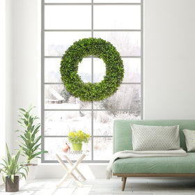 DFRREN boxwood wreath on front door display with seasonal accents.