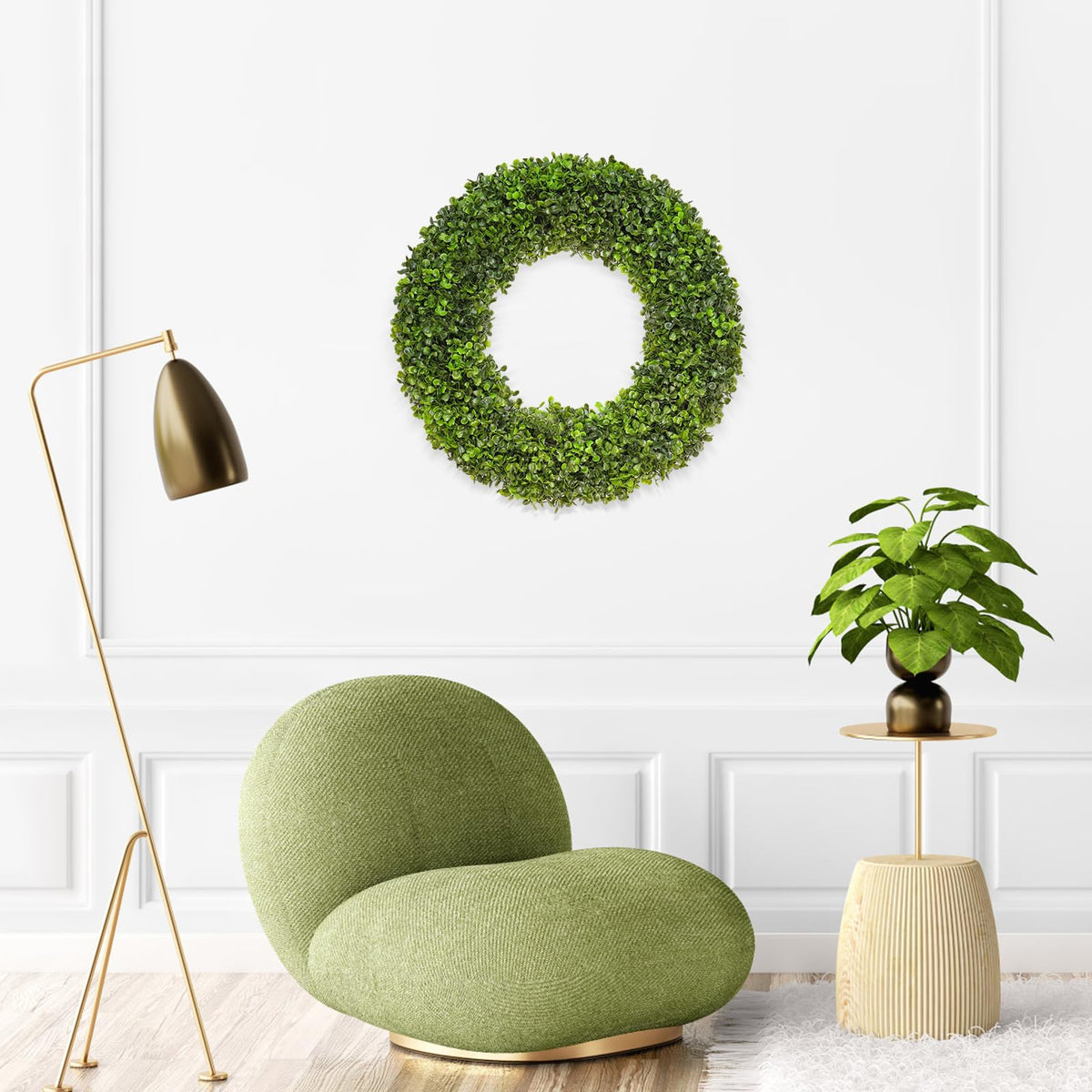 DFRREN boxwood wreath indoors as versatile wall decor.