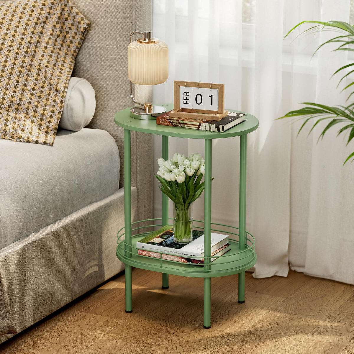 DGSANDGO small oval side table with storage top shelf in a compact living room
