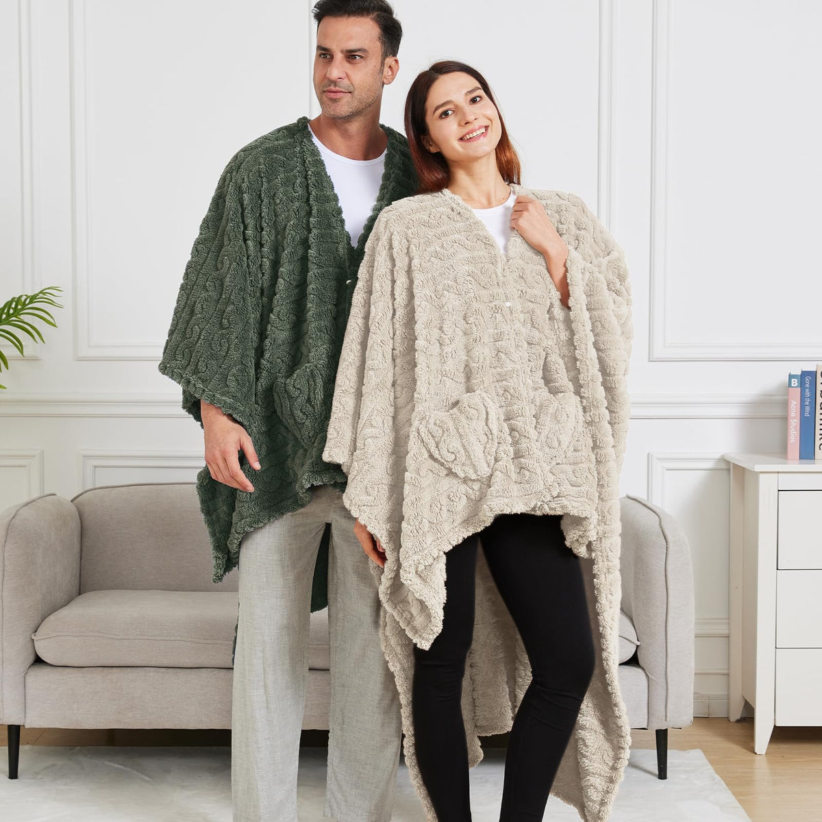 Dgsfmi wearable blanket poncho ivory being worn showing relaxed fit