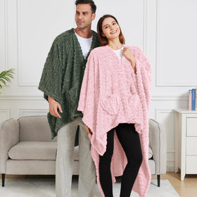 Dgsfmi poncho being used as a travel wrap for comfort on the go.