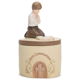Dicksons first communion praying boy box on display, ideal mantel keepsake.