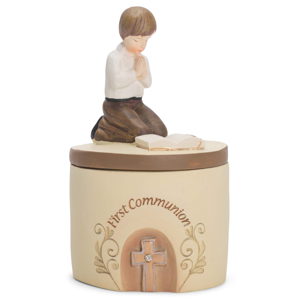 Dicksons first communion praying boy box on display, ideal mantel keepsake.