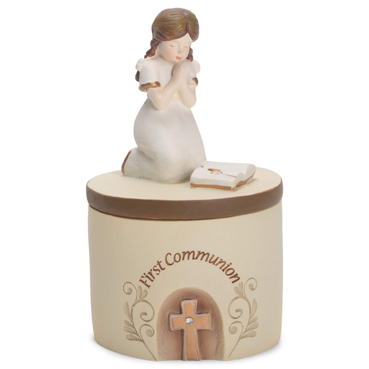 Dicksons First Communion praying girl resin box, full view, elegant keepsake.