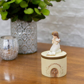 Dicksons First Communion praying girl resin box open, reveals keepsake cavity.