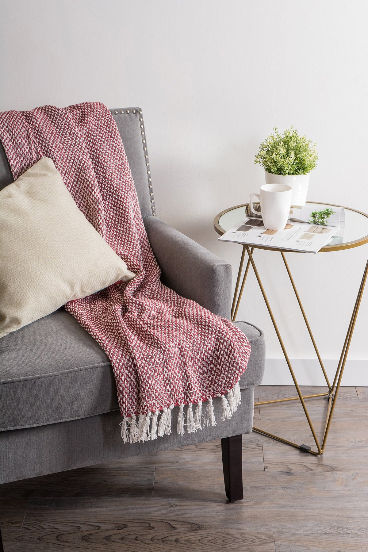DII basket weave throw on bed creates farmhouse accent.
