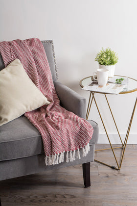 DII basket weave throw on bed creates farmhouse accent.