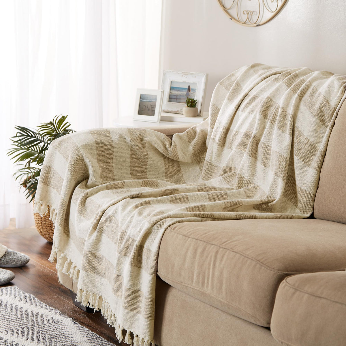 DII cabana striped blanket folded in stone color for cozy bedding