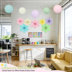 Dimhut pastel paper lanterns in multiple sizes brighten ceilings with soft color.