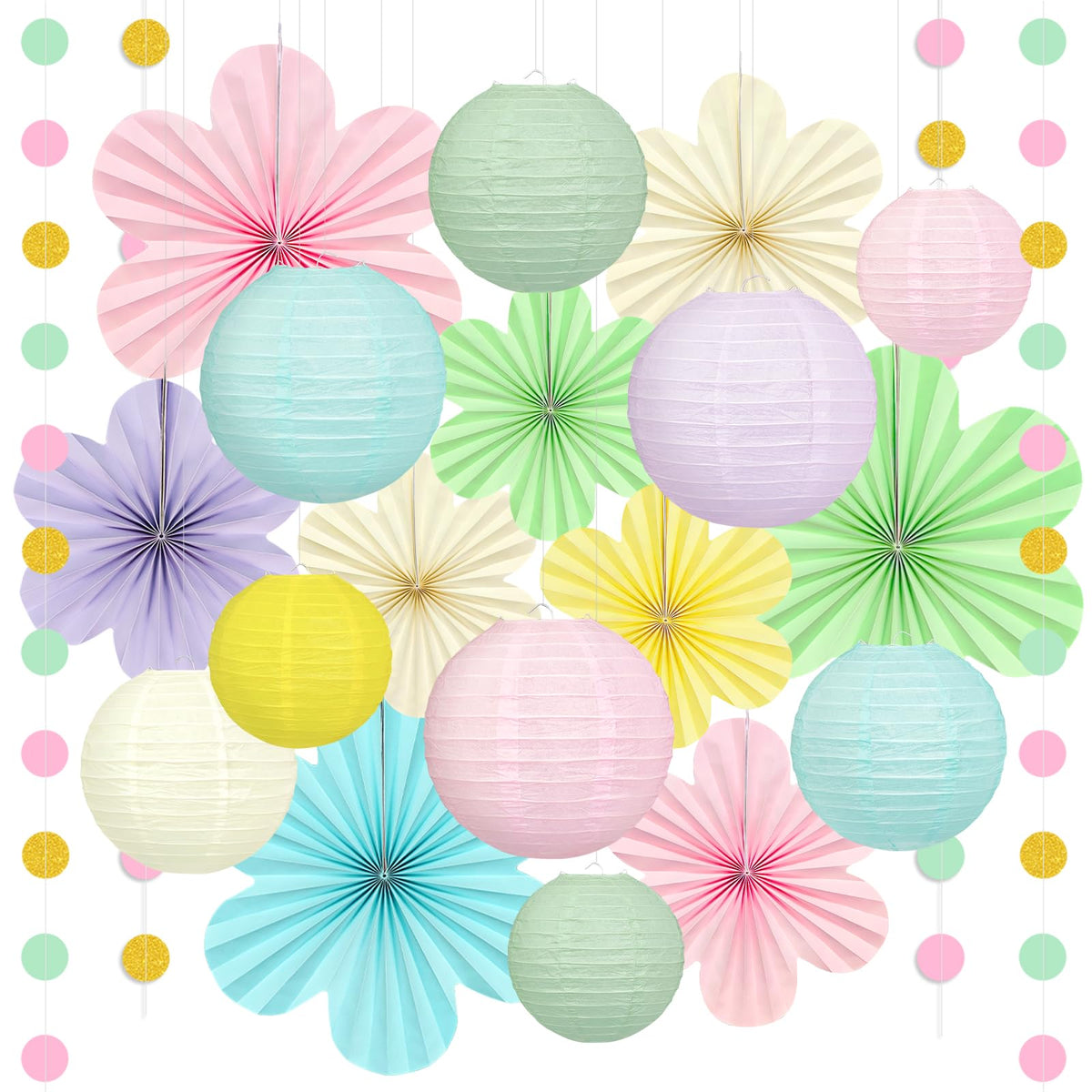 Dimhut pastel lanterns and flower fans create calming spring room decor.