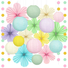 Dimhut pastel lanterns and flower fans create calming spring room decor.