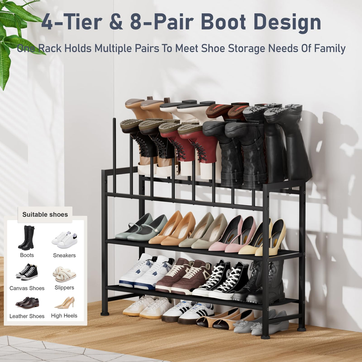 DIMJ adjustable feet stabilize the boot rack on uneven floors.