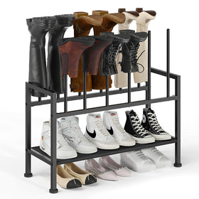 DIMJ boot rack front view shows 3-tier black metal rack holding six pairs for organized closet
