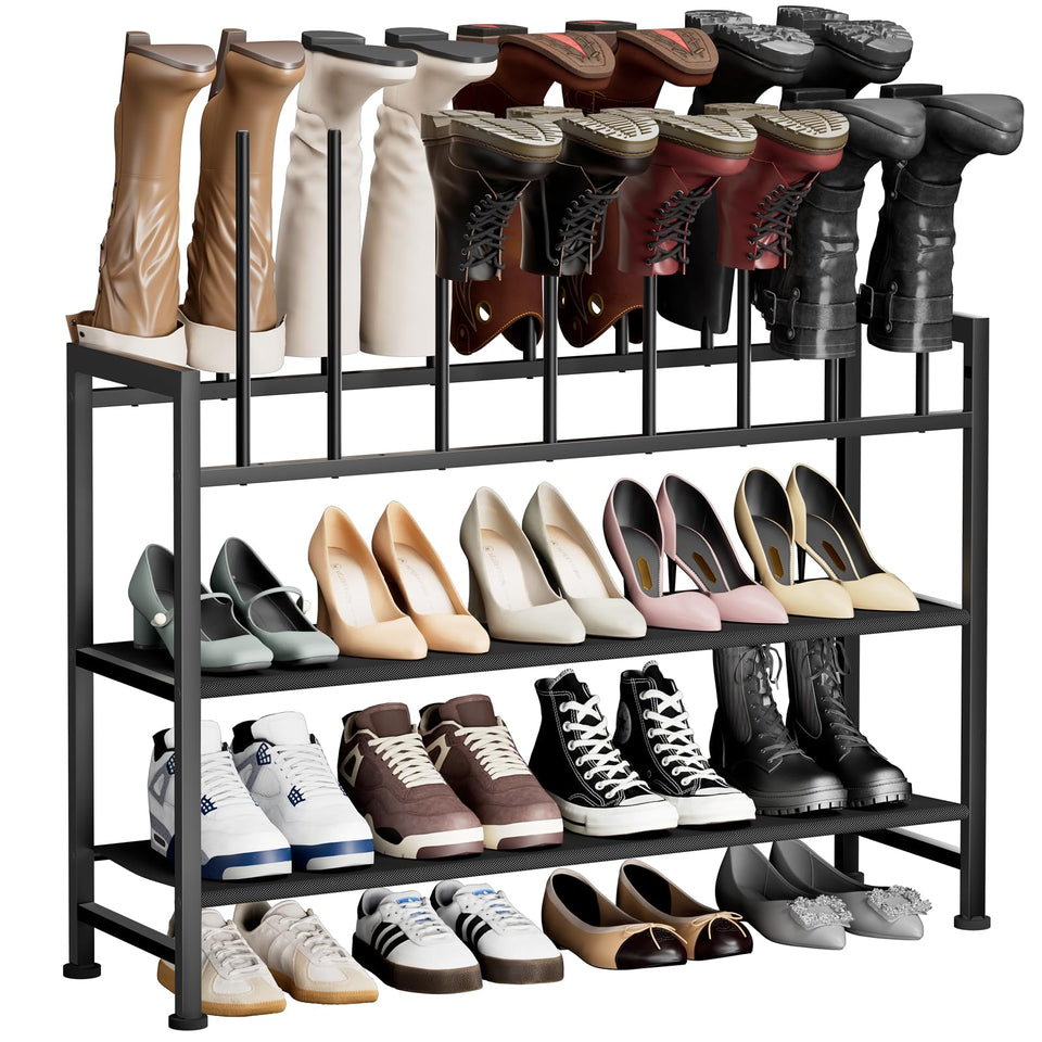 DIMJ 4-tier boot rack in black keeps tall boots organized and accessible.