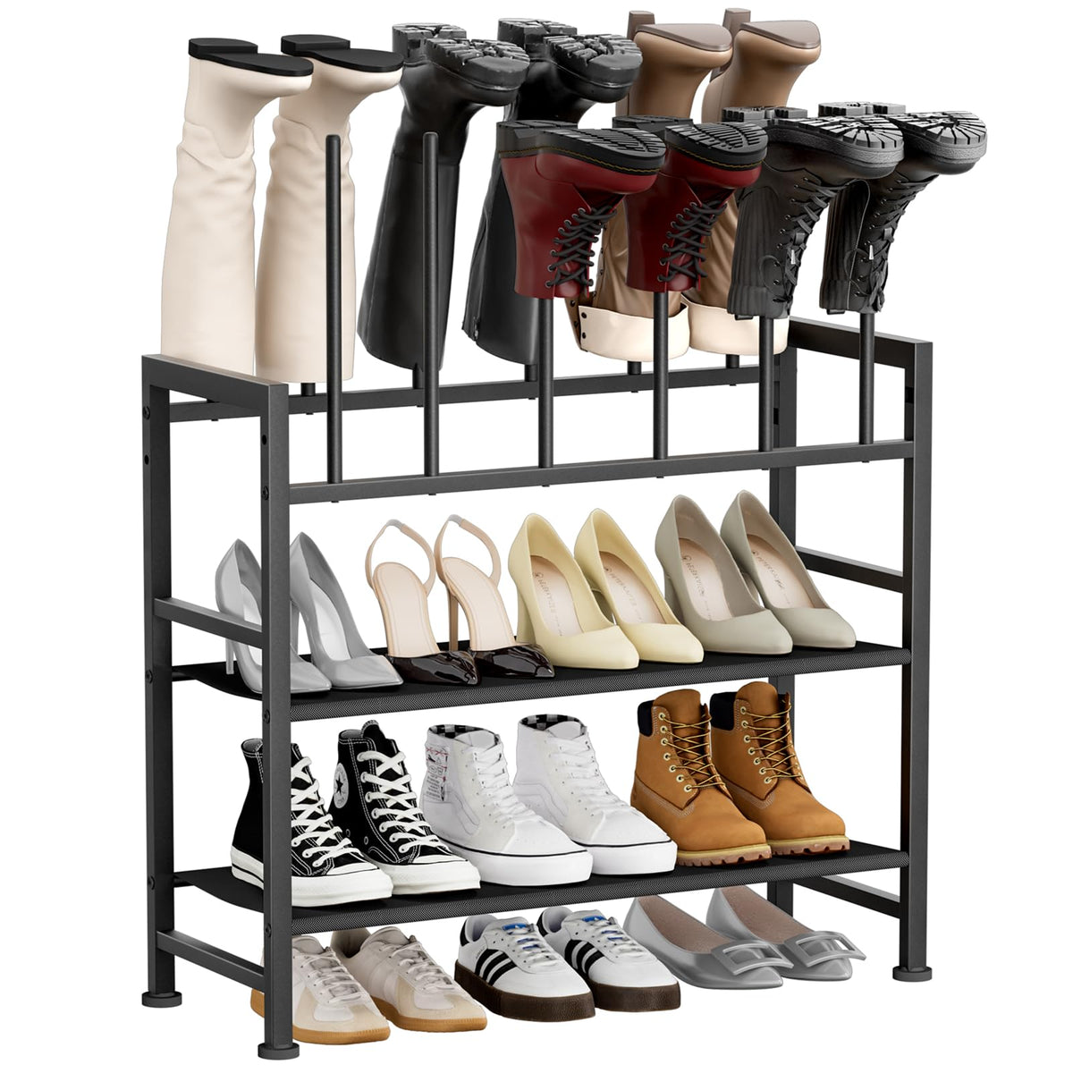 DIMJ boot rack 4-tier front view keeps tall boots organized for quick access.
