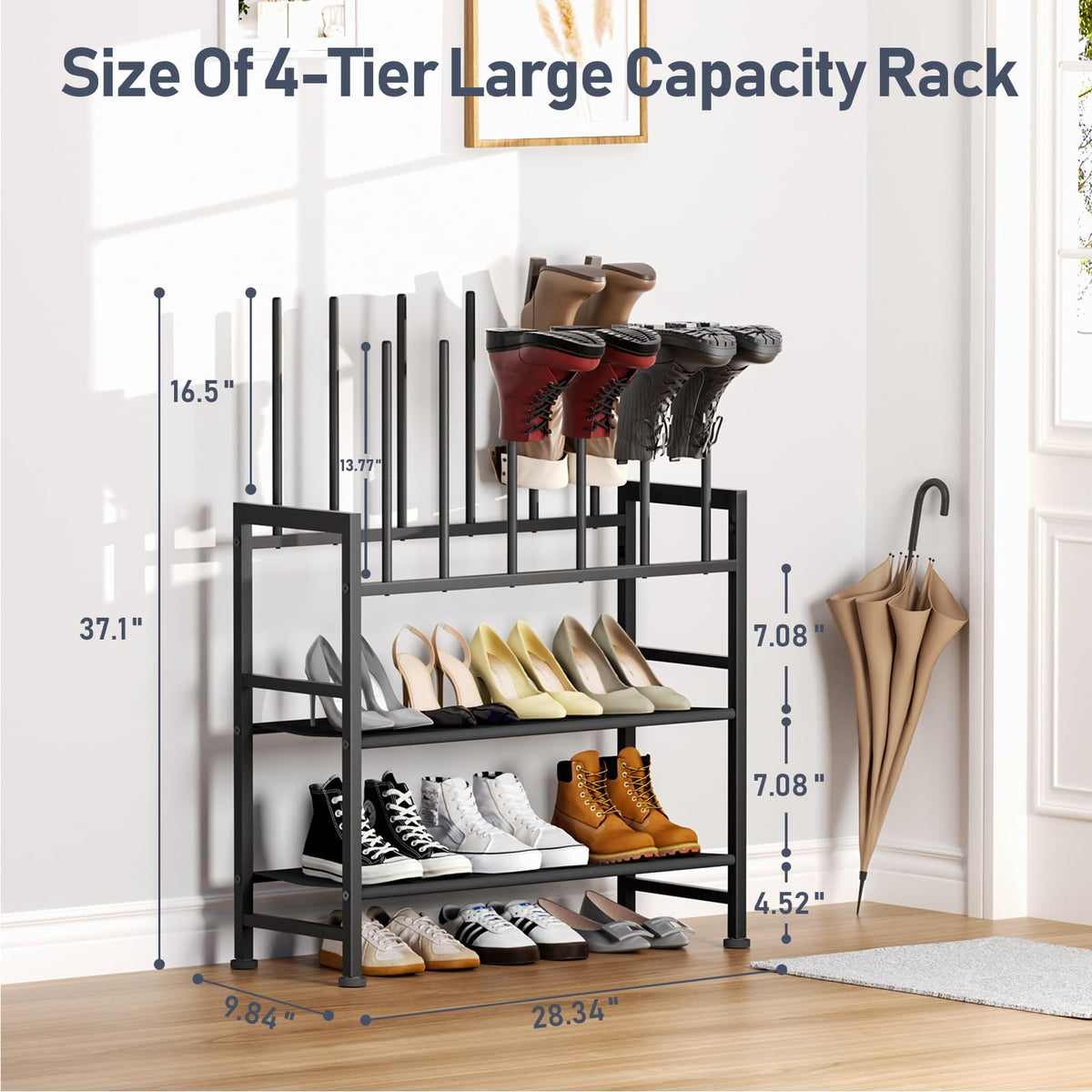 DIMJ boot rack 4-tier side view highlights space for sneakers and heels.