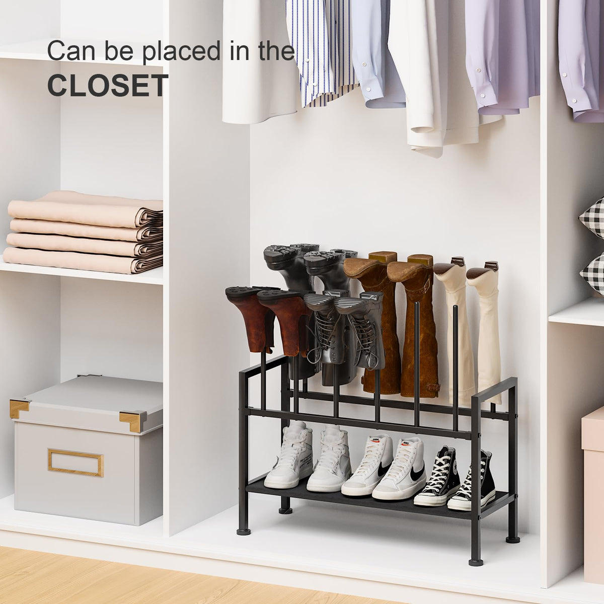 DIMJ boot rack in hallway setup suits entryways and garages for quick access