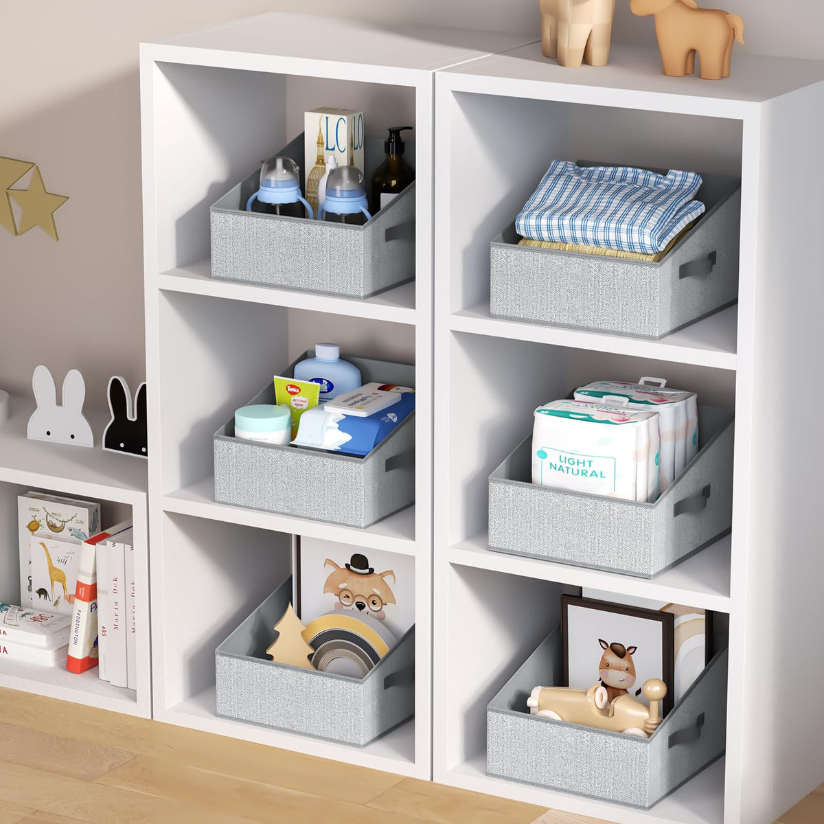 DIMJ closet bin used for towels and clothes on a shelf