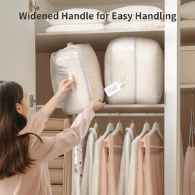 DIMJ Comforter Storage Bag features clear window and label for organization.