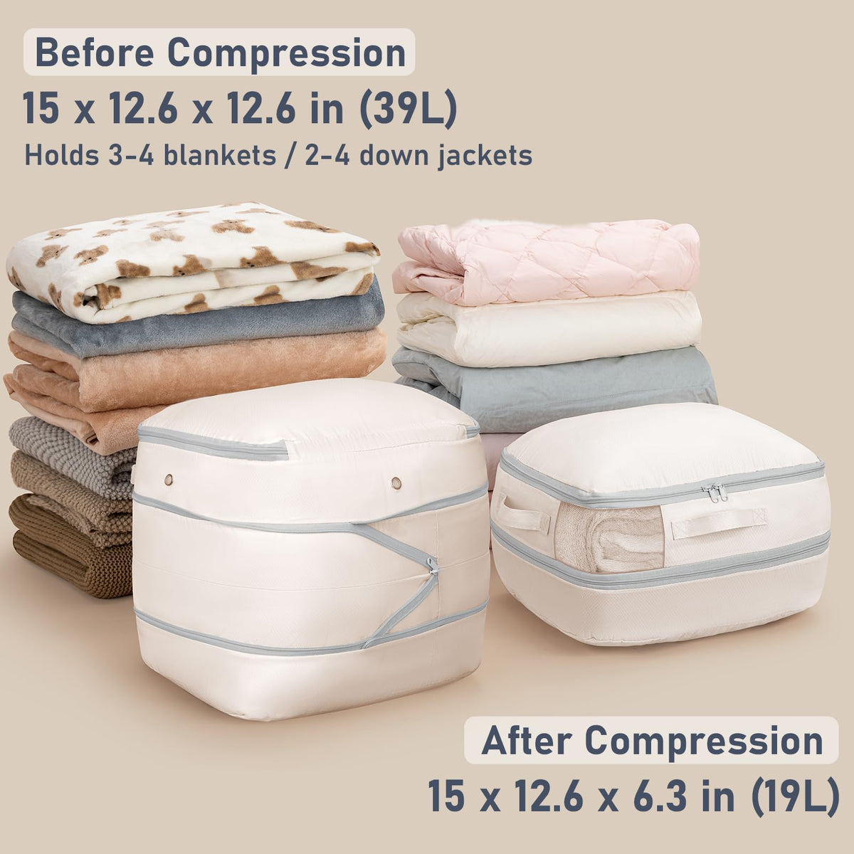 DIMJ compression bags middle compression design enables compact storage of bulky items.