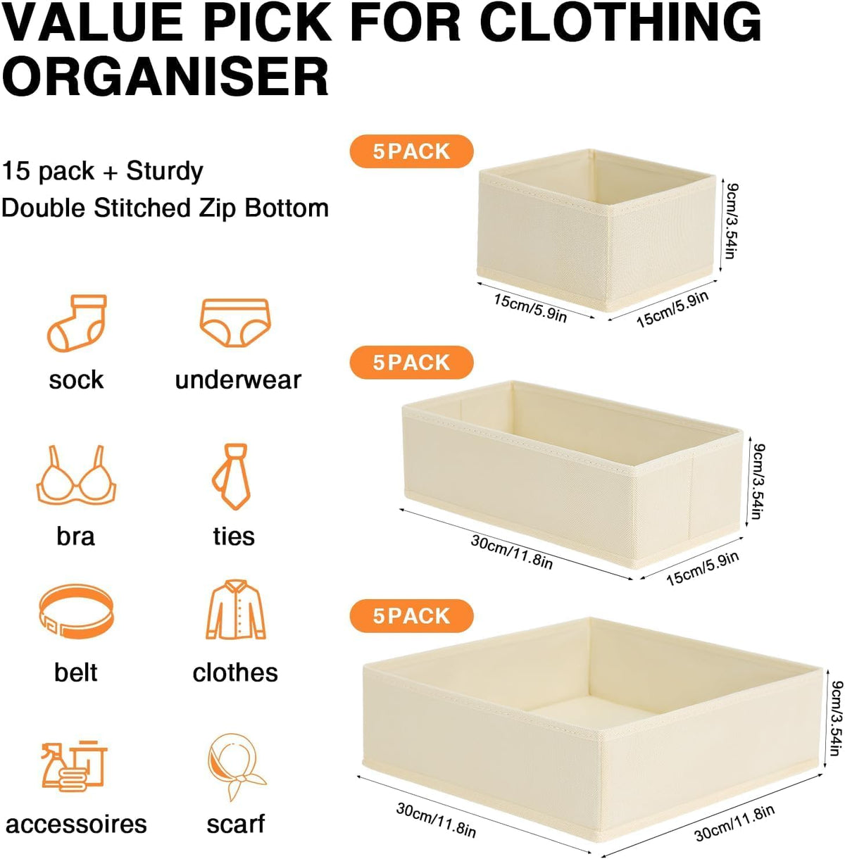 DIMJ medium beige drawer organizer bin for socks and accessories.
