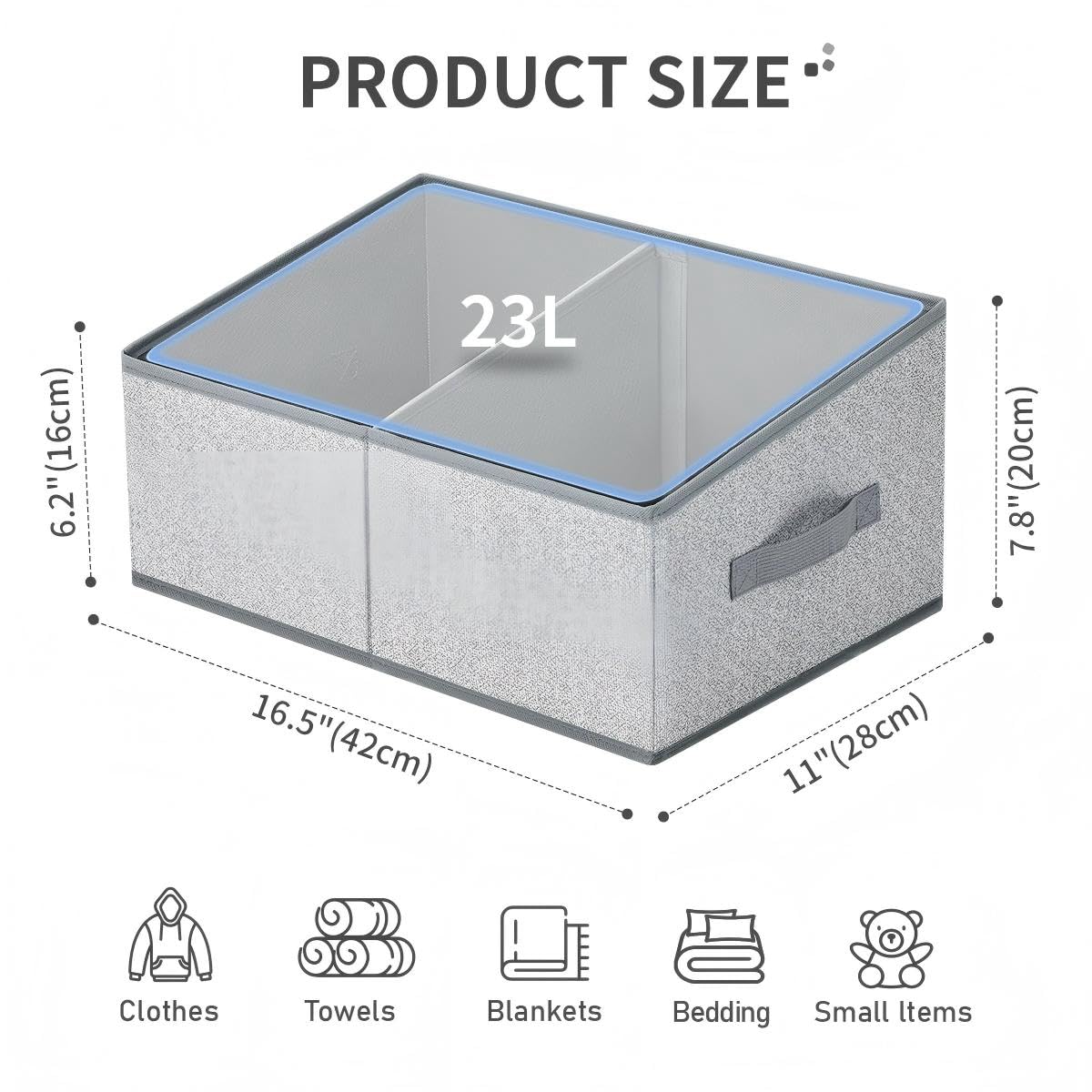 DIMJ large closet bin grey side view, slim profile fits neatly on shelves.